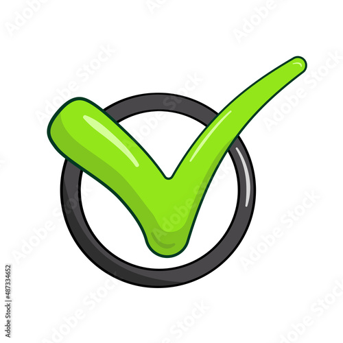 Green check mark in circle. Isolated. Vector. Cartoon	