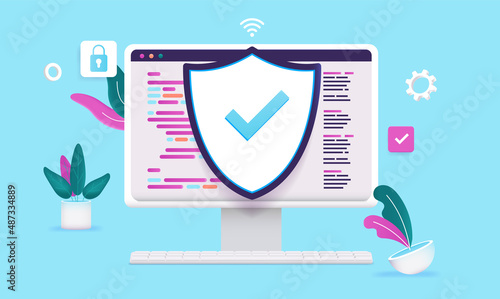 Internet and web security - Desktop computer with code and shield protection symbol. Cartoon style vector illustration