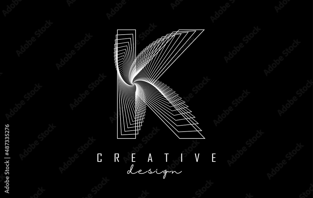 White Letter K logo with lines and spiral effect. Vector illustration with geometric typography. White Letter K logo with lines and spiral effect. Vector illustration with geometric typography.