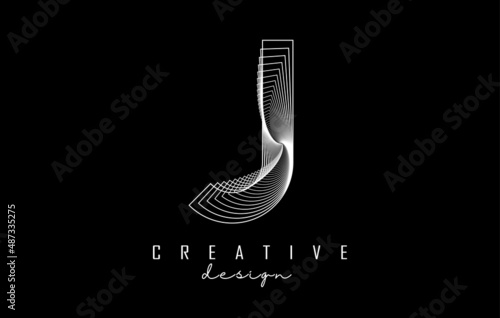 White Letter J logo with lines and spiral effect. Vector illustration with geometric typography.