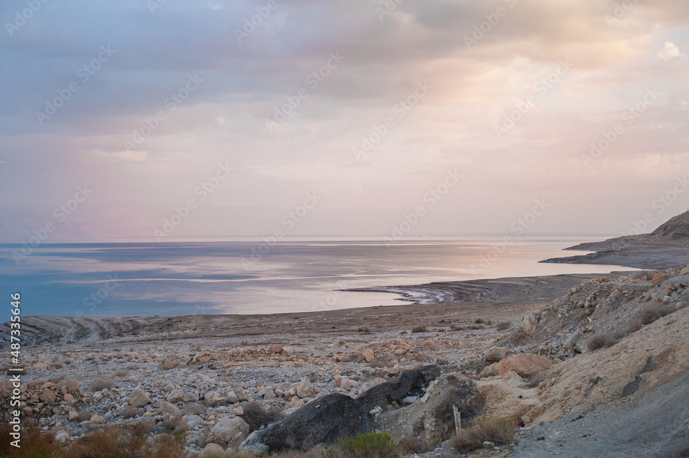 mountains and dead sea at sunset of a sunny day