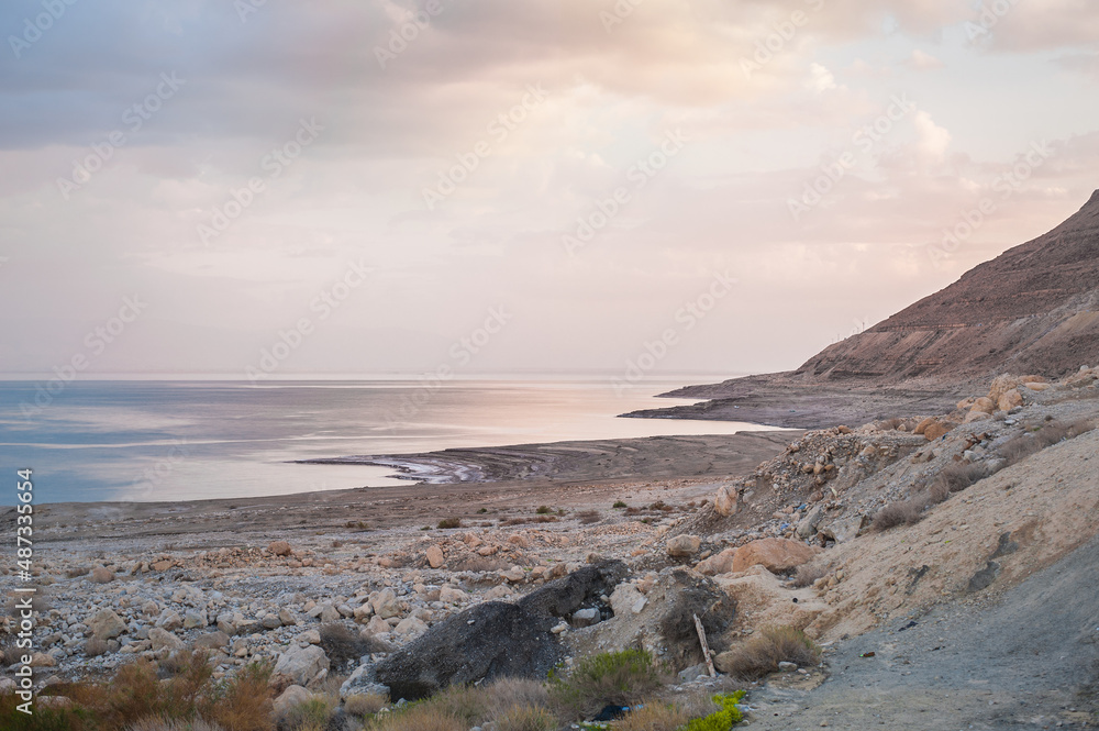 mountains and dead sea at sunset of a sunny day