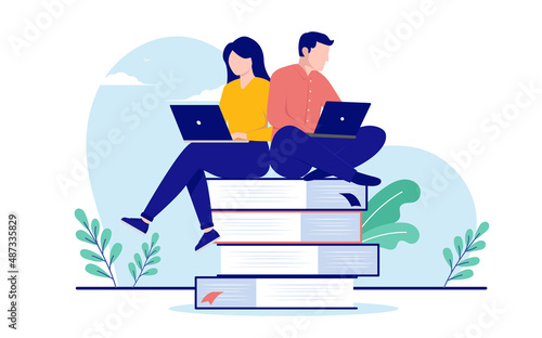 Man and woman studying together - Couple sitting on books with laptop computers learning and educating themselves. Flat design vector illustration with white background