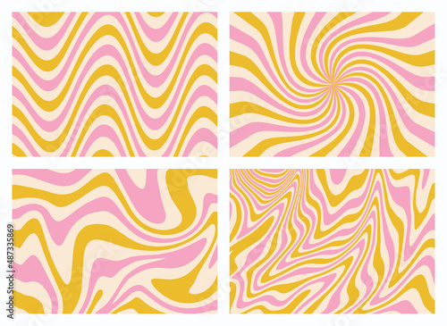 1970 Groovy Backgrounds Set of Yellow and Pastel Pink Rainbow line. Hand-Drawn Wavy Swirl Vector Illustration. Seventies Style Wallpaper. Flat Design  Hippie Aesthetic.