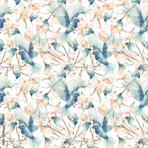 Blue birds and ight pink wild twigs and branches with leaves. Watercolor floral seamless pattern. 