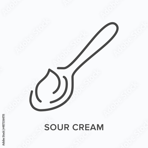 Sour cream flat line icon. Vector outline illustration of yogurt and spoon. Black thin linear pictogram for natural dairy product
