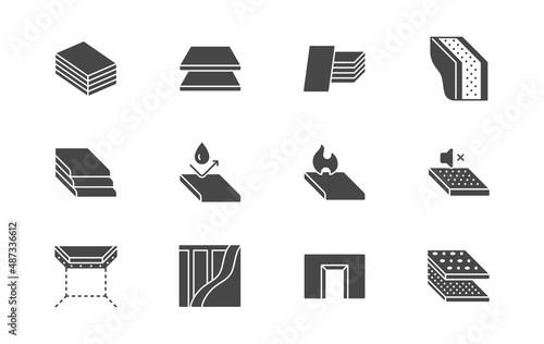 Drywall flat icons. Vector illustration include icon - plasterboard, soundproof, acoustic protection, ceiling board, glyph silhouette pictogram for wallboard material
