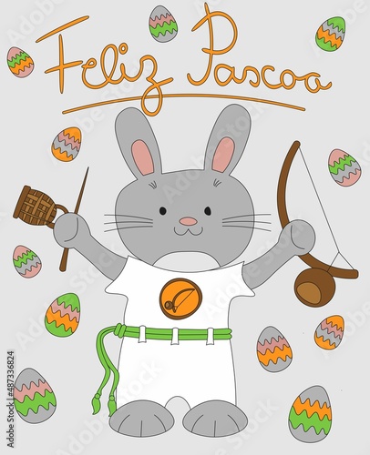 Happy easter greeting card for in capoeira style. Cute capoeirista bunny holding berimbau with eggs. Feliz Pascoa. photo