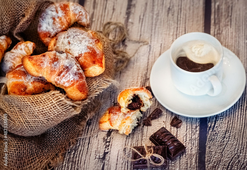 croissant with chocolate, breakfast, snack, Coffee with croissant, chocolate