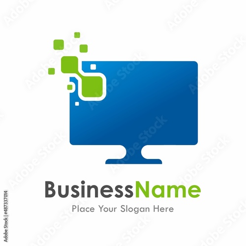 Digital computer pixel vector logo template abstract. Suitable for business, tech, application and art