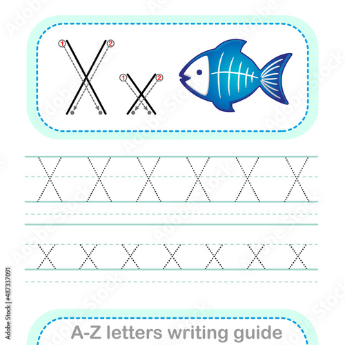 Letter Writing Guide. Worksheet Tracing letters X. Uppercase and lowercase letter English alphabet