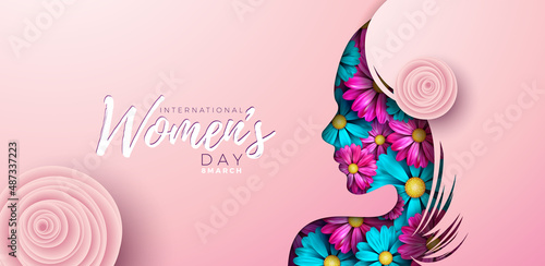 Happy Women's Day Floral Illustration. 8 March International Womens Day Vector Design with Spring Colorful Flower and Young Woman Face Silhouette on Light Background. Women or Mother Day Theme