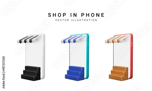 Set of colour 3d realistic store in your phone on white background. Vector illustration
