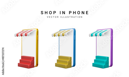 Set of colour 3d realistic store in your phone on white background. Vector illustration