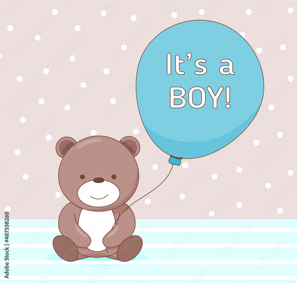 Newborn greeting card for boy with toy bear and balloon
