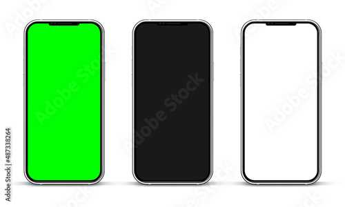 High quality detailed device mockup. Realistic smartphone with blank touch screen and green chroma key background. Frameless mobile phone in front view. Screen backdrop template. Vector illustration.