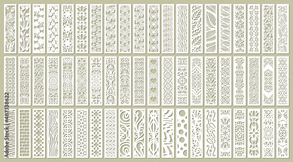 Big set of vertical panels, gratings. Abstract ornament, geometric, classic, oriental pattern, floral and plant motifs. Template for plotter laser cutting of paper, metal engraving, wood carving, cnc. - obrazy, fototapety, plakaty 