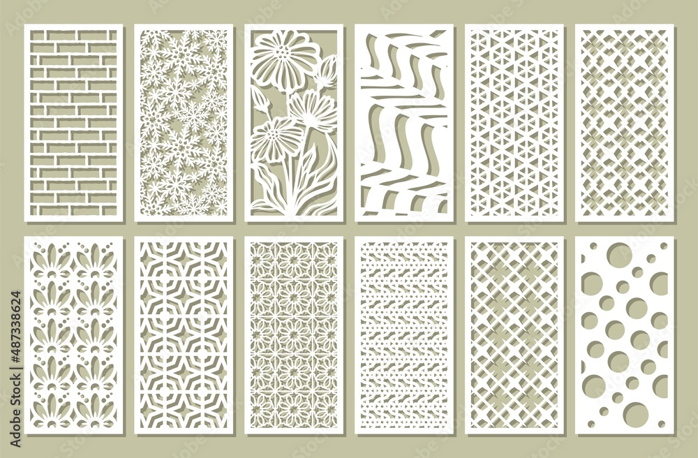 Set of vertical rectangular panels. Stencils, lattices, screens with geometric patterns, floral ornaments, lines. Vector template for plotter laser cutting of paper, metal engraving, wood carving, cnc - obrazy, fototapety, plakaty 