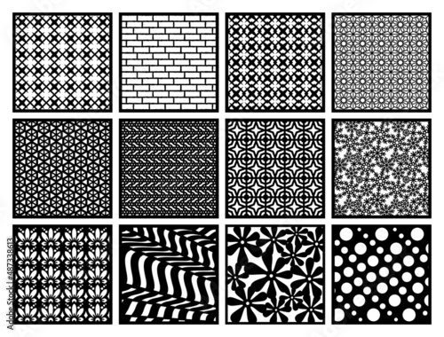 Set of black square panels. Abstract geometric pattern, floral motif, antique ornament. Vector template for laser cutting of metal lattice, wall painting, stencil, openwork napkin, wood carving, cnc