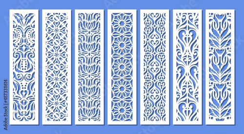 Set of vertical rectangular panels, lattice, bookmark. Decorative elements with a floral pattern. Template for plotter laser cutting of paper, metal engraving, wood carving, cnc. Vector illustration.
