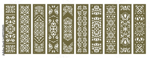 Set of vertical rectangular panels, lattice, bookmark. Decorative elements with a floral pattern. Template for plotter laser cutting of paper, metal engraving, wood carving, cnc. Vector illustration. photo