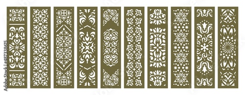 Set of vertical rectangular panels, lattice, bookmark. Decorative elements with a floral pattern. Template for plotter laser cutting of paper, metal engraving, wood carving, cnc. Vector illustration.