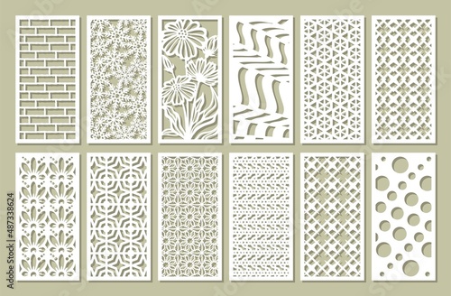 Set of vertical rectangular panels. Stencils, lattices, screens with geometric patterns, floral ornaments, lines. Vector template for plotter laser cutting of paper, metal engraving, wood carving, cnc