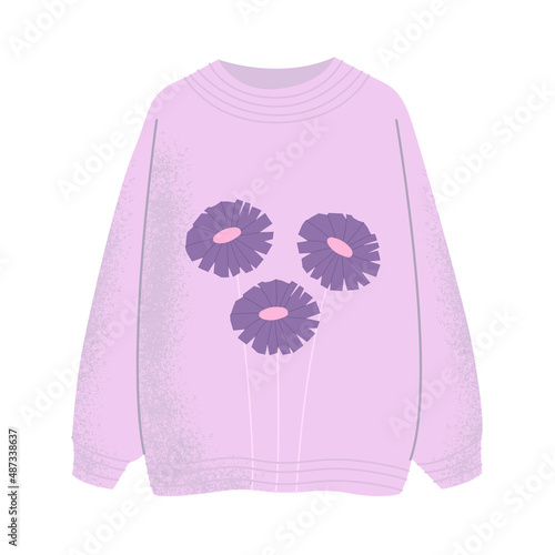 Flat vector cartoon illustration of a cozy warm purple sweater with flowers. Women's knitted warm clothes on a white background.