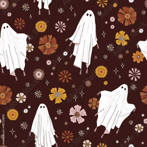 Boho Halloween spooky Ghost with florals vector seamless pattern. Scary spook in white sheet background. Classic Halloween icon dark surface design.