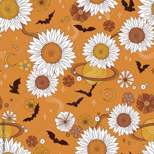 Boho retro Halloween Bat fly in floral sunflower space vector seamless pattern. Rearmouse silhouette among stars planets and flowers background. Hippie galaxy autumn faded colours surface design.