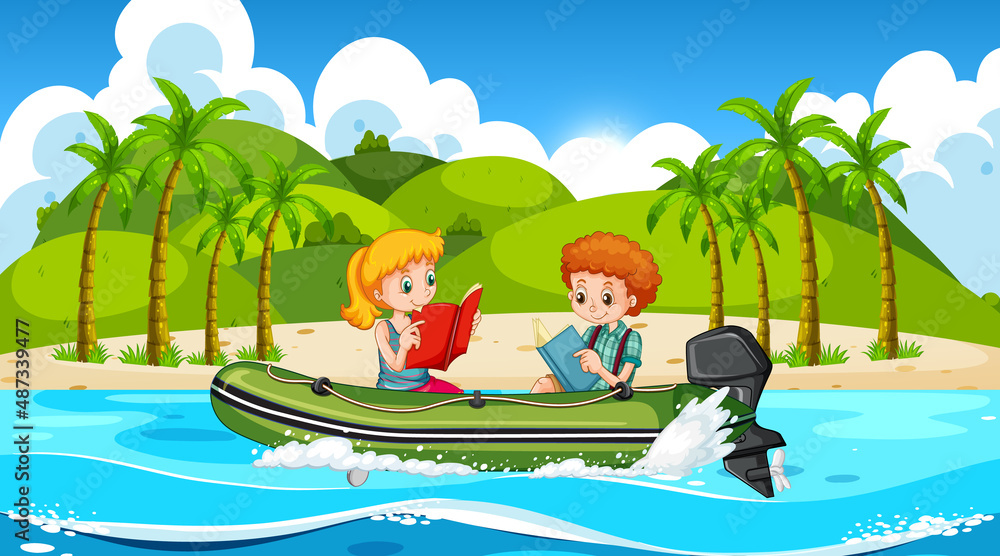 Ocean scenery with children on inflatable motor boat