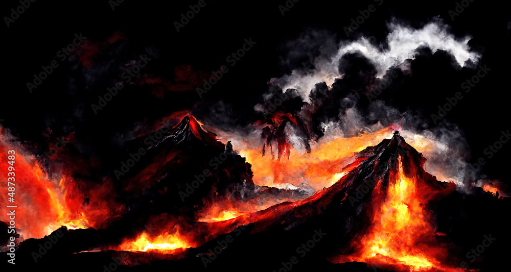 Apocalypse, volcanic eruption. Lava magma flows flow down volcano mouth