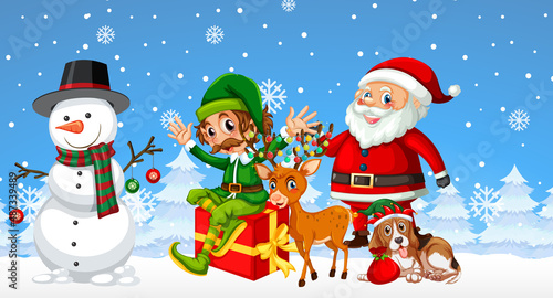 Christmas cartoon characters on snowy blue background