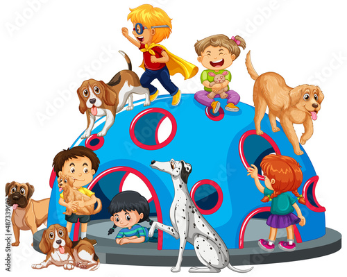 Children playing with their dogs at playground