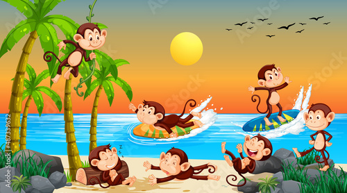 Beach scene with monkeys doing different activities
