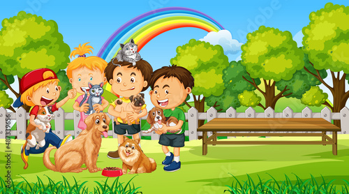 Park scene with children playing with their animals