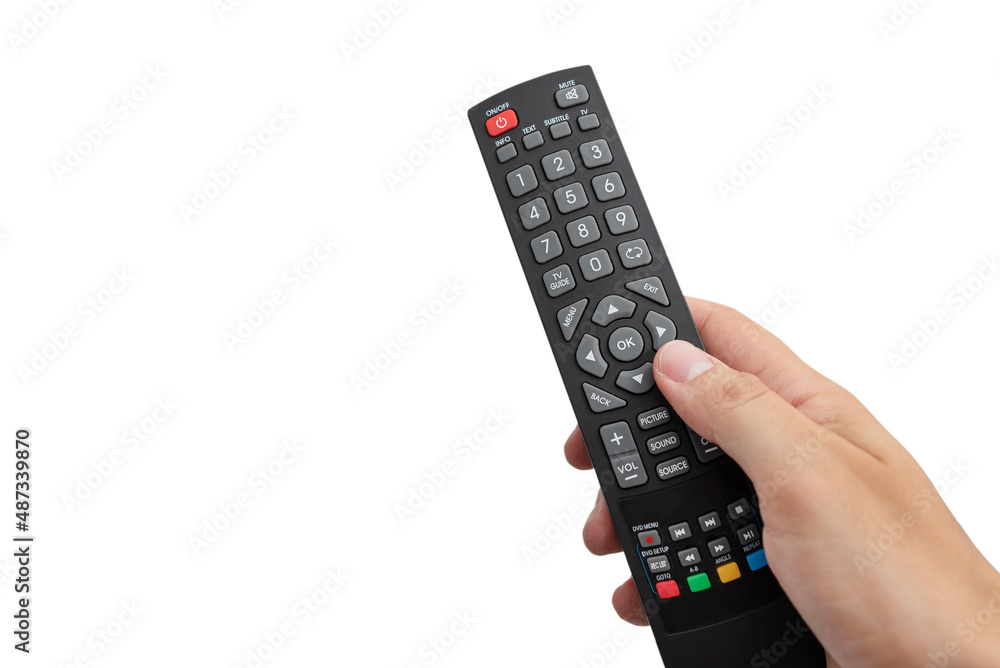 Hand holding remote control. Element isolated on white background Hand holding remote control. Element isolated on white background