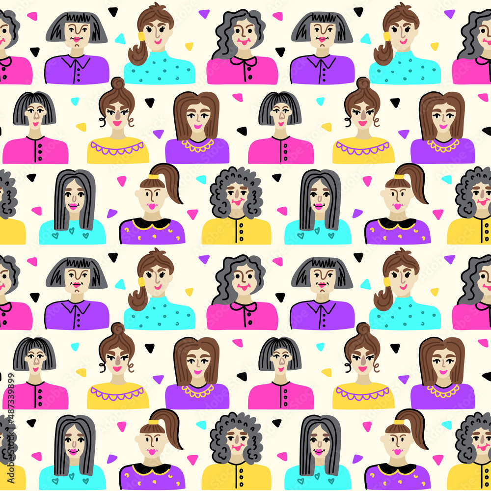 Seamless pattern with the faces of girls with different hairstyles. International Women's Day Seamless pattern with the faces of girls with different hairstyles. International Women's Day