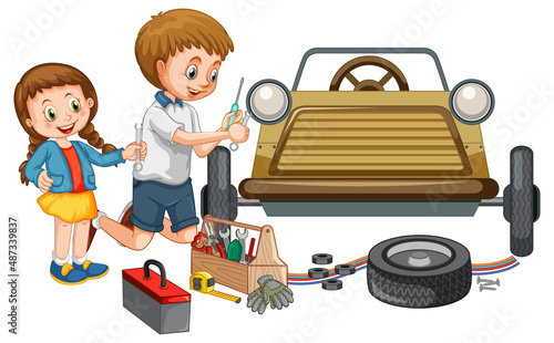Children repairing a car together