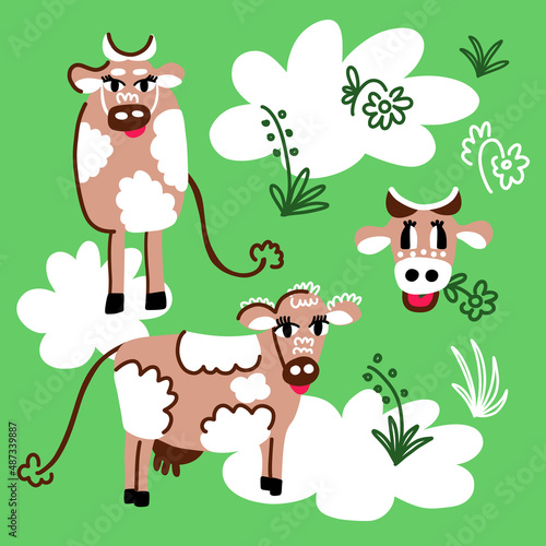 A set of images with funny bulls and a cow, grass, flowers and clouds