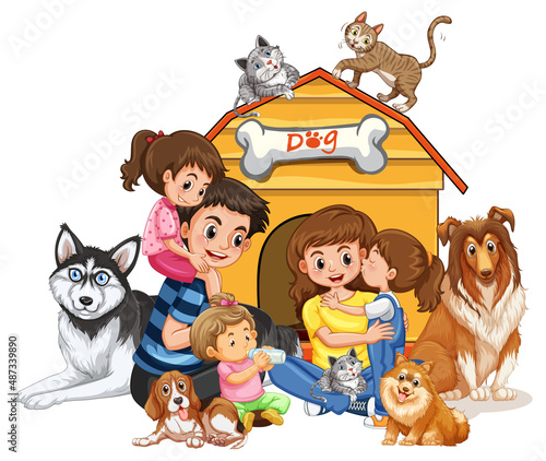 Happy family with many dogs