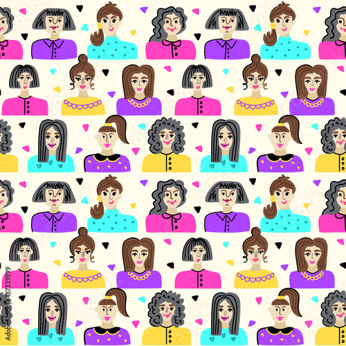 Seamless pattern with the faces of girls with different hairstyles. International Women's Day