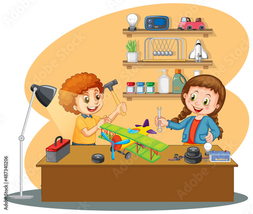 Children fixing a plane toy together on white background