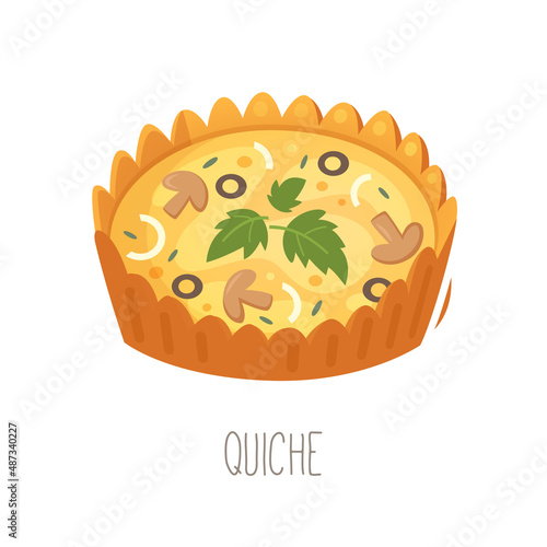 Collection of cakes, pies and desserts for all letters of alphabet. Letter Q - quiche. French tart filled with savoury custard, meat, cheese and vegetables. Isolated vector illustration.