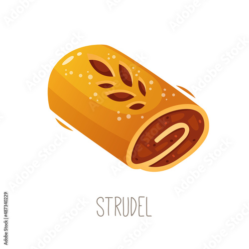  Collection of cakes, pies and desserts for all letters of alphabet. Letter S - strudel. Traditional German and Austrian layered pastry with sweet apple filling. Isolated vector illustration