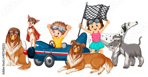 Children playing with their dogs in cartoon style