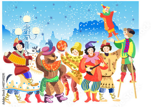 Russian folklore or folk art. Merry carnival is the spring festival of Maslenitsa. Funny buffoons and clowns in fancy costumes dance and play the balalaika, a bear in a hat dances.