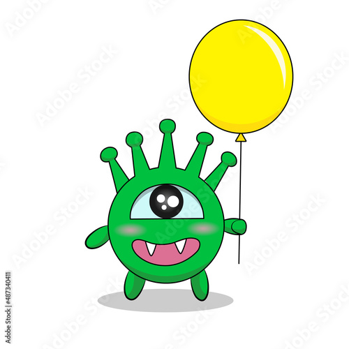 Cute green coronavirus with yellow balloon. Virus COVID-19 for congratulations