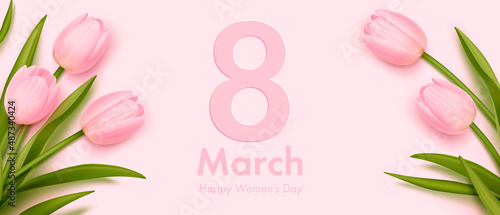 Women's day banner. 8 march holiday background with realistic tulips. Vector illustration for poster, brochures, booklets, promotional materials, website