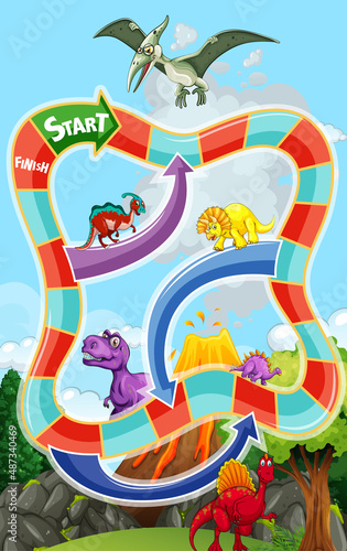 Snake and ladders game template in dinosaur theme